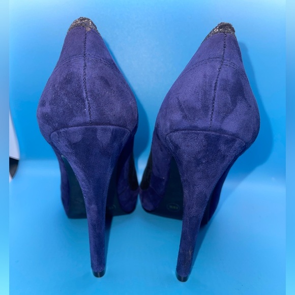 EUC BCBG Paris Elegant Black Blue Leather Suede Platform High Heels - Picture 2 of 7